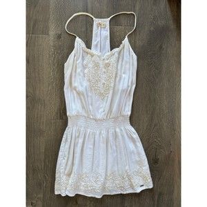 Hollister A&F  White Gauze Sleeveless Racerback Gold Floral Embroidered Dress M